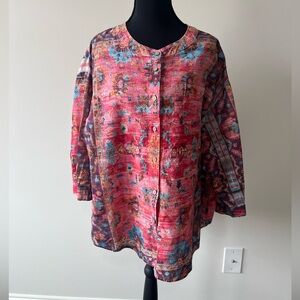 Women’s Linen Cotton Aztec Print button up Boho Blouse top Size 2xl